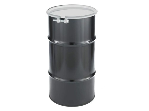 16 gallon drum 7a tested black with white lid and white background