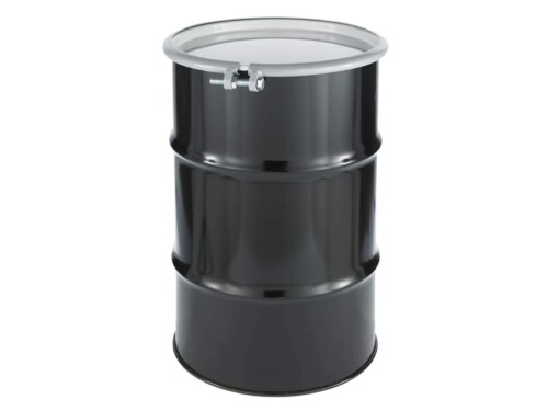 30 gallon drum 7a tested black with white lid and white background