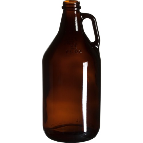 64oz amber glass growlers with white background