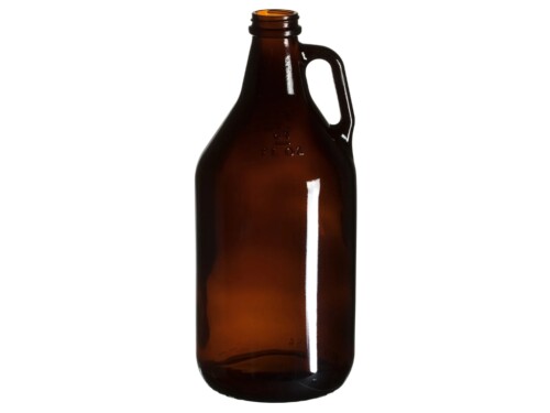 64oz amber glass growlers with white background