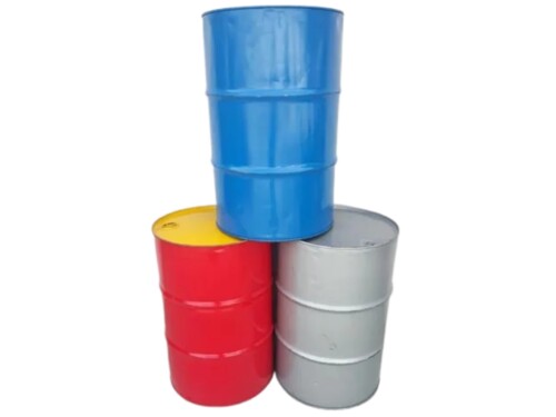 reconditioned 55 gallon drum stack of 3 colors blue red and grey with white background