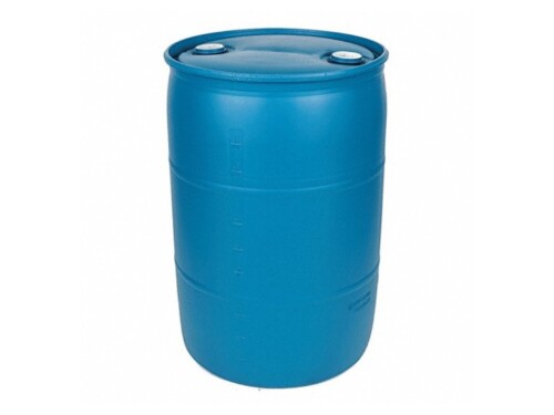 55 gallon plastic drum blue with white background