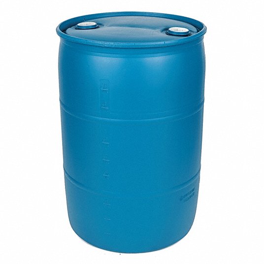 55 gallon plastic drum blue with white background