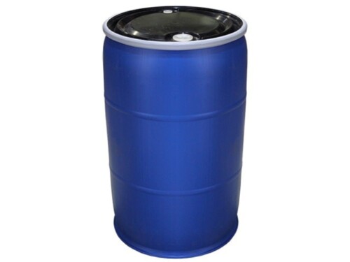 55 gallon open head plastic drum blue with black lid and white background