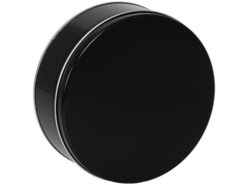 black 5c tin with lid on white background