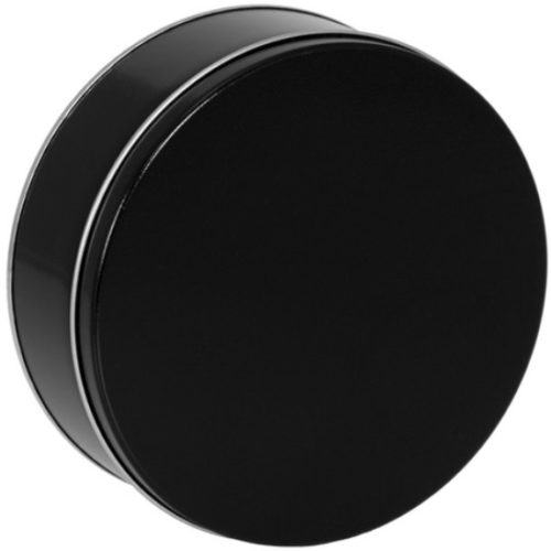 black 5c tin with lid on white background