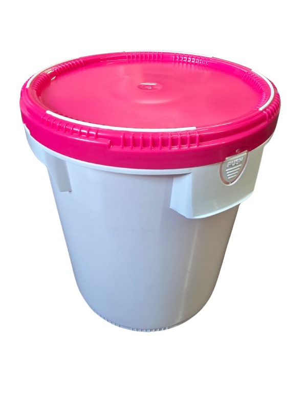 5 gallon plastic bucket with pink screw-on lid airtight storage
