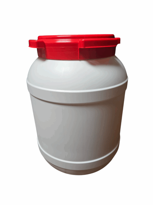 Used 8-gallon white poly drum with red screw-on lid